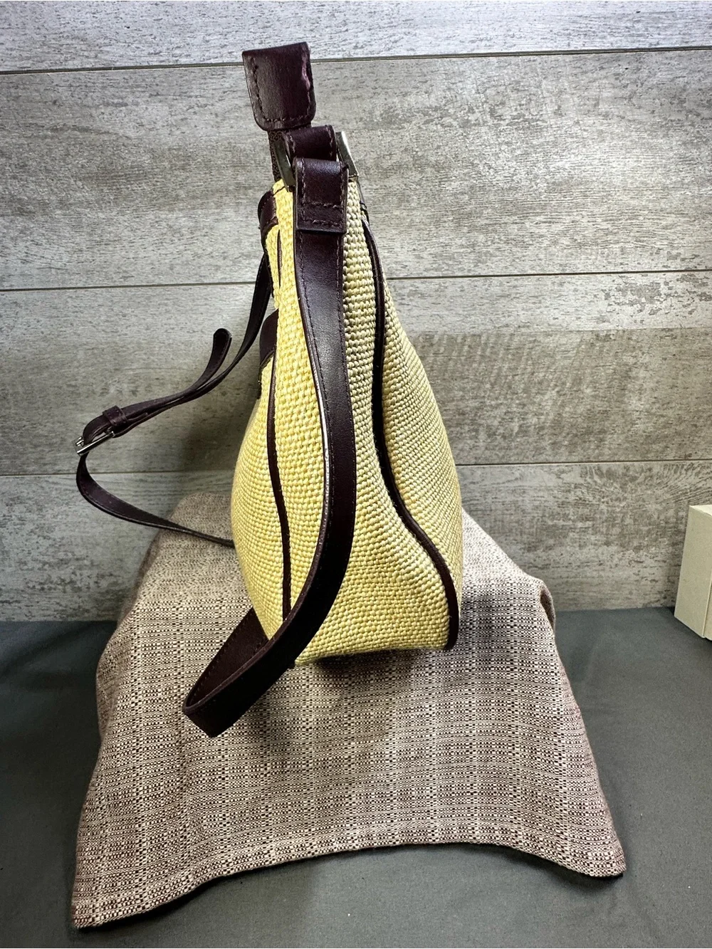 VTG Etienne Aigner Light Tan Woven Fabric & Brown Leather Shoulder Bag Purse
